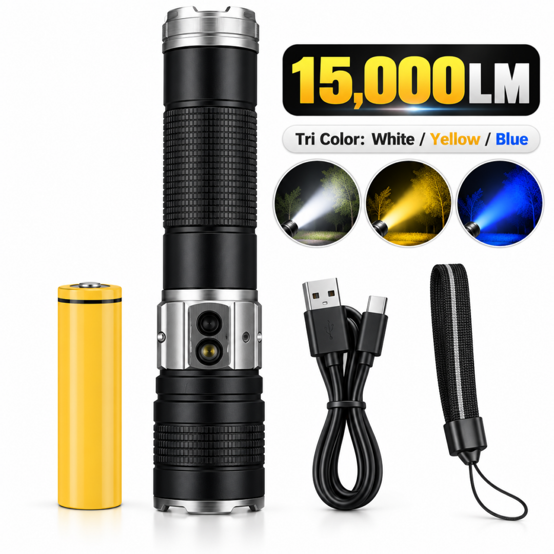 15,000LM TRIO – Tri-Colour Rechargeable Tactical Flashlight | Black