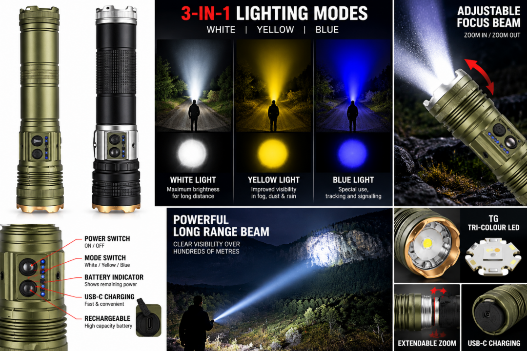 Ultimate Torch 2 × 15,000LM TRIO Tri-Colour Flashlight Combo – Black + Olive Green - Image 2